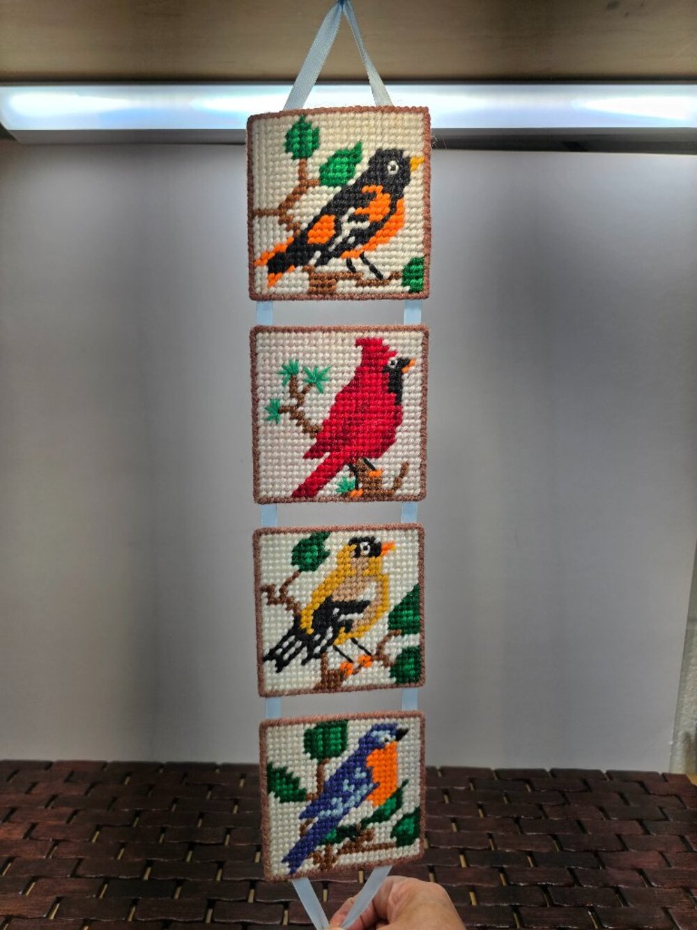 Handmade Needlepoint Wall Hanging Tapestry 4 Birds Retro, Boho, Granny core